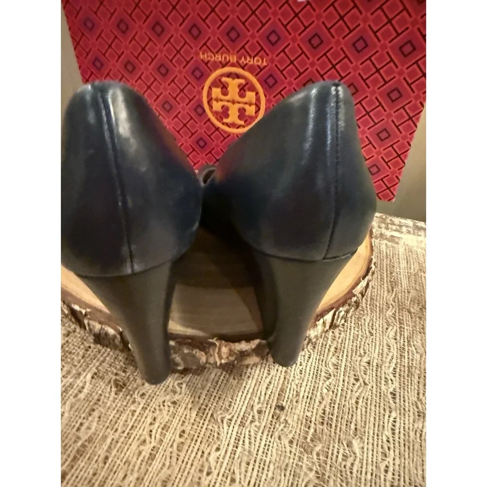 Tory Burch Jolie Peep Toe Wedge Pump Navy Blue Nappa Leather MRSP Sz-8 $290